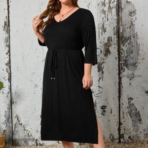 Plus Three Quarter Length Sleeve Belted Split Thigh Dress